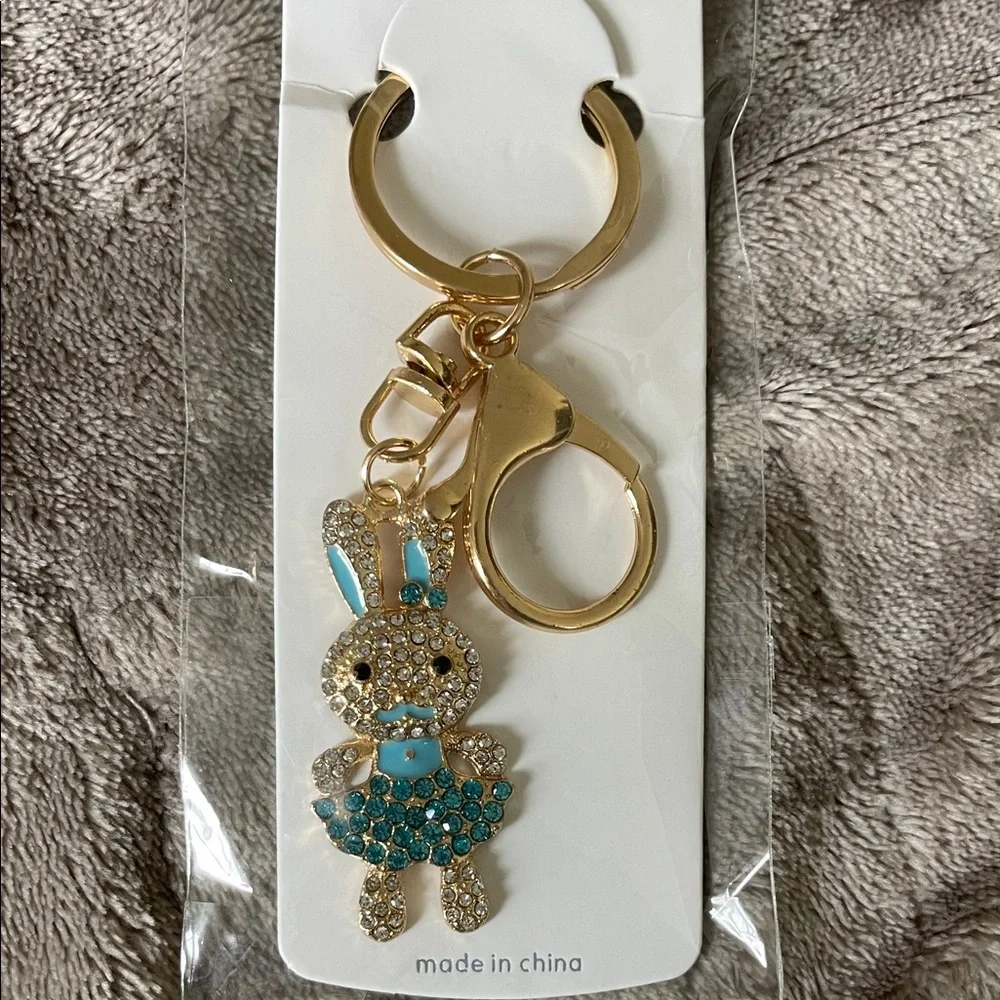 Gold and Blue Bunny Keychain bag purse charm rhinestone gold tone nwt